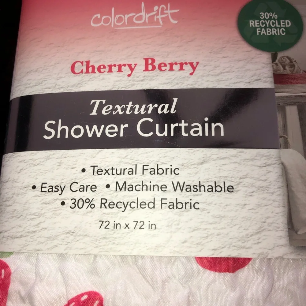 🍓🍒 Cherry & Strawberry  Textural Shower Curtain w/ cherry hooks